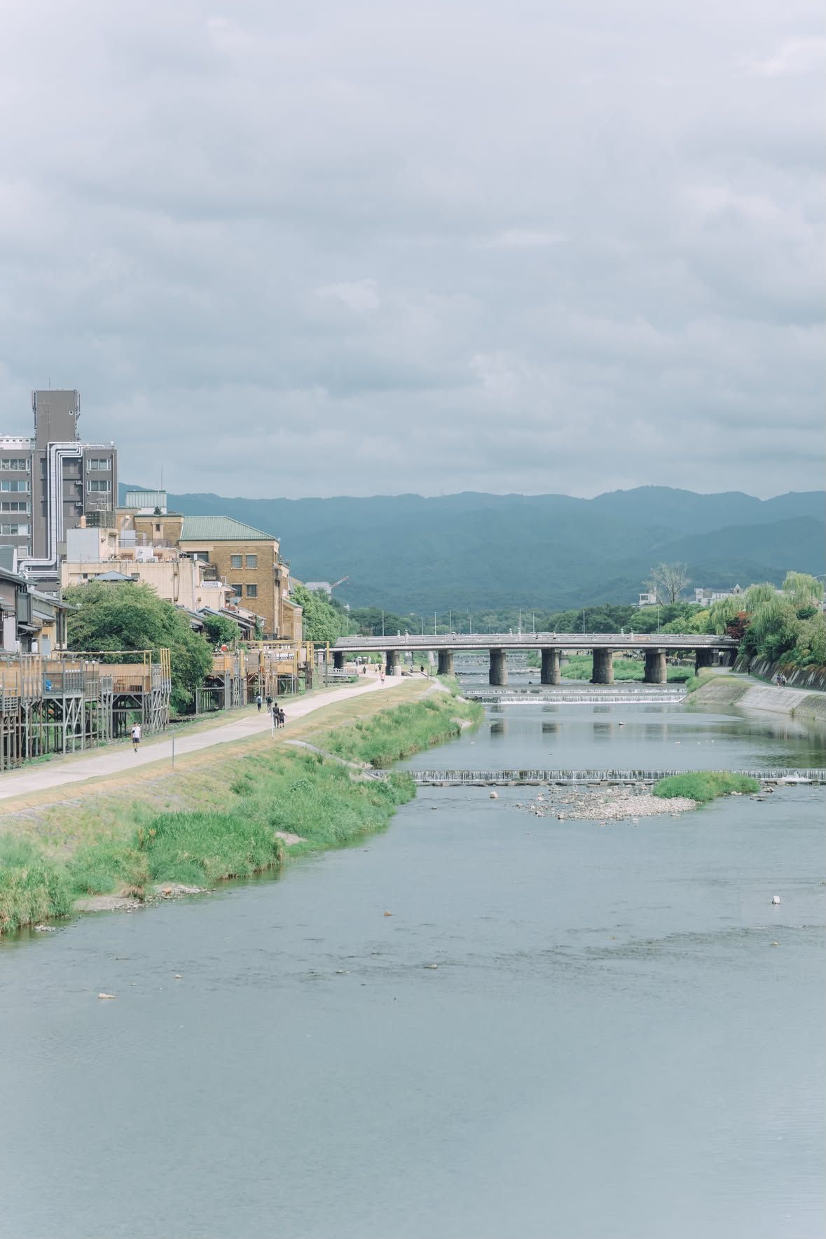 The Kamo river looking north, the summer terraces on the left.